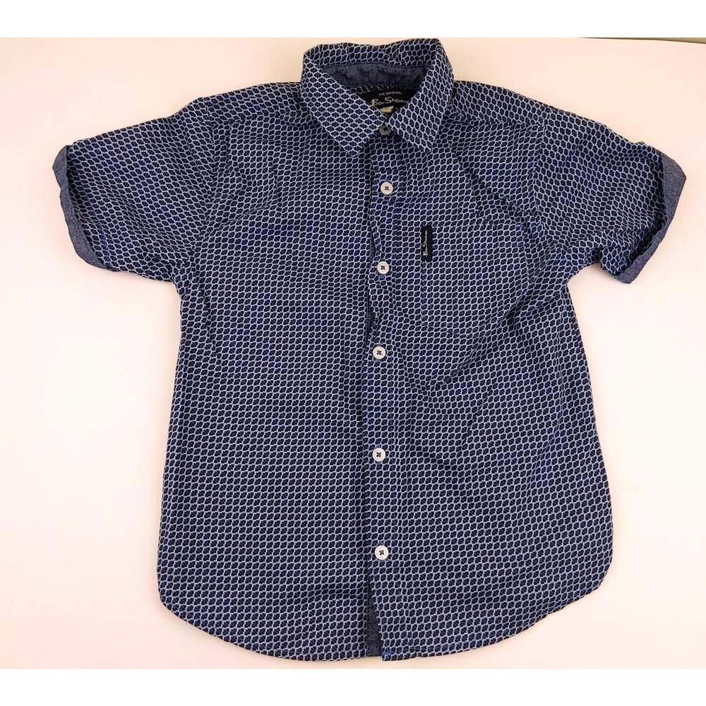 Ben Sherman Boys Blue White Geometric Print Preppy Button Down S/S Shirt, Sz 6